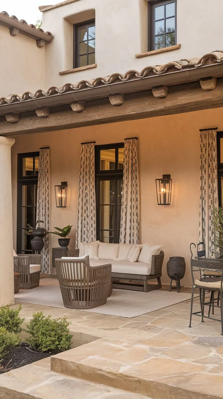 A Spanish Mediterranean home's inviting patio, featuring a minimalist design and natural stone floors, exudes warmth and colonial charm.