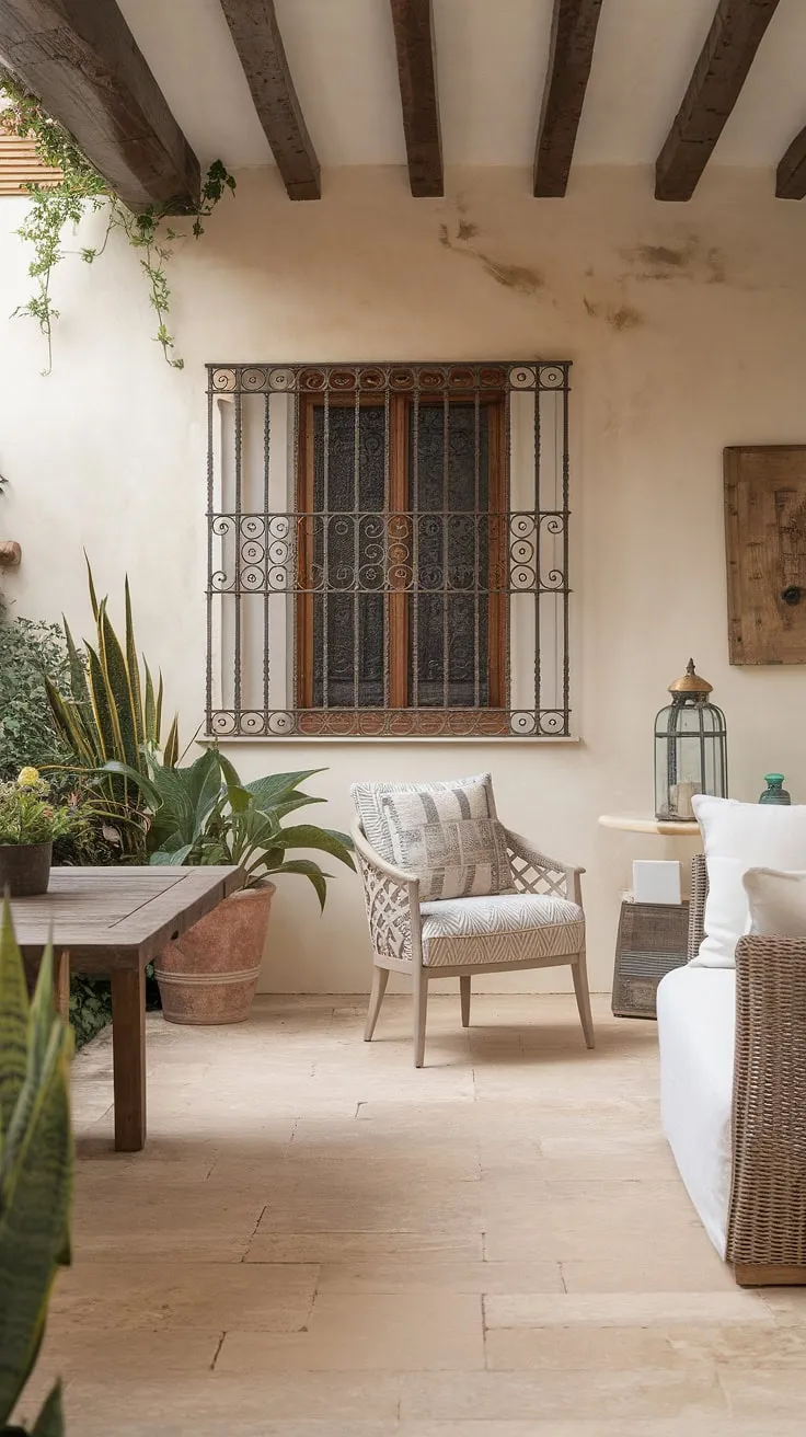 Elegant Spanish minimalism defines this Mediterranean home's living room, showcasing a patio, patterned textiles, and wrought-iron detailing