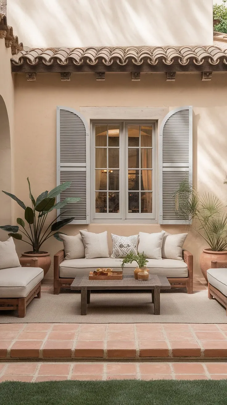A Spanish colonial home's patio living room offers a warm and inviting atmosphere with a minimalist design and terracotta floors.