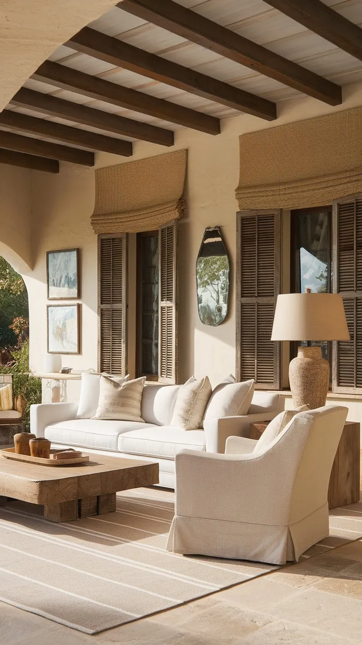 Warm lighting illuminates a minimalist Spanish living room featuring a white sofa and wooden accents, showcasing a blend of colonial and Mediterranean design elements