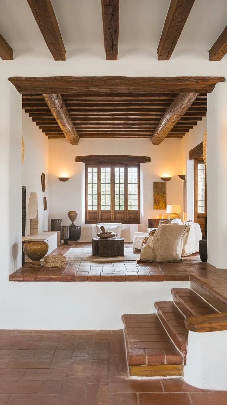 Sunlight streams into a minimalist Spanish casita living room with terracotta floors and a wooden staircase, evoking a warm Mediterranean ambiance