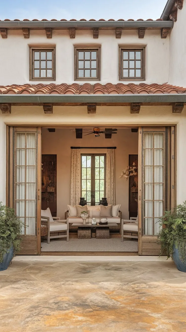 Rustic wood and stone define this Spanish Mediterranean home's minimalist living space, seamlessly blending indoor and outdoor areas under a red-tiled roof.
