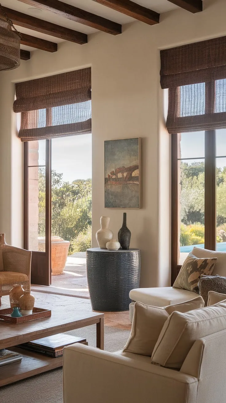 Elegant Spanish colonial design blends minimalist decor with a Mediterranean patio and window treatments