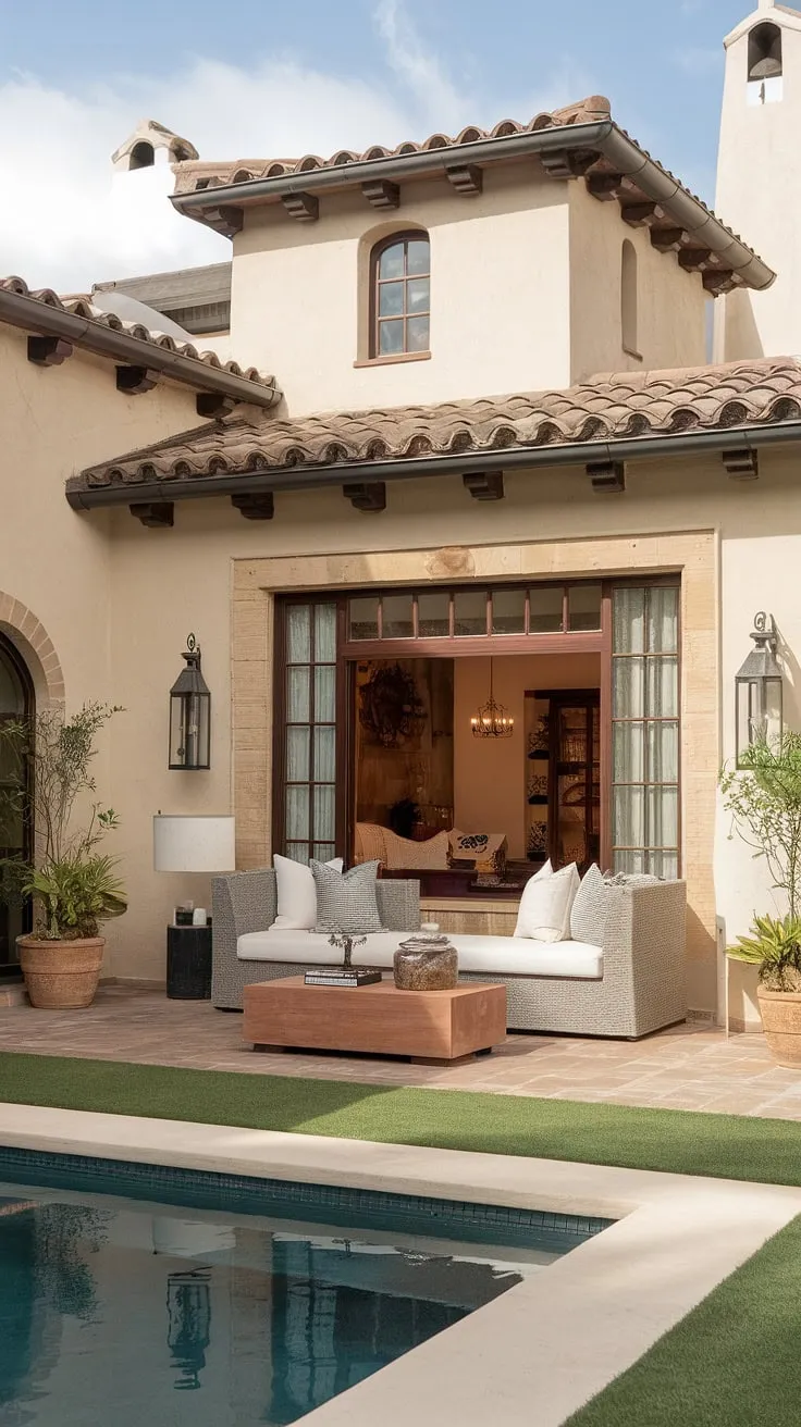 This Spanish Mediterranean home showcases minimalist and colonial design elements throughout its interior and casita, creating a cohesive aesthetic.