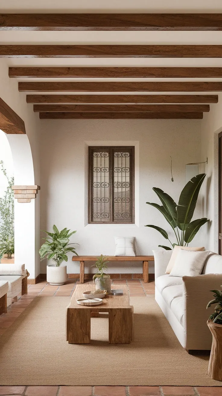 A minimalist Spanish living room, featuring intricate window designs and a terracotta-tiled floor, opens onto a tranquil patio.