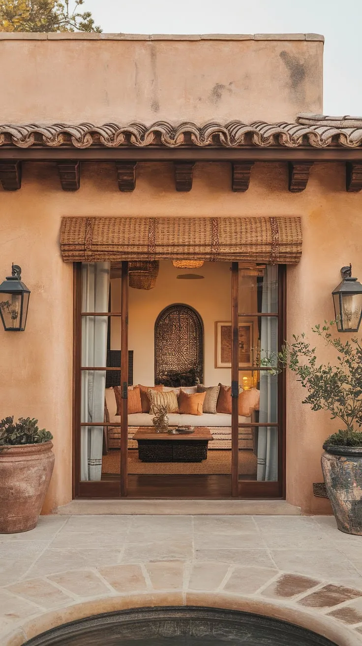 A rustic Spanish casita boasts a minimalist Mediterranean interior and warm patio living space.