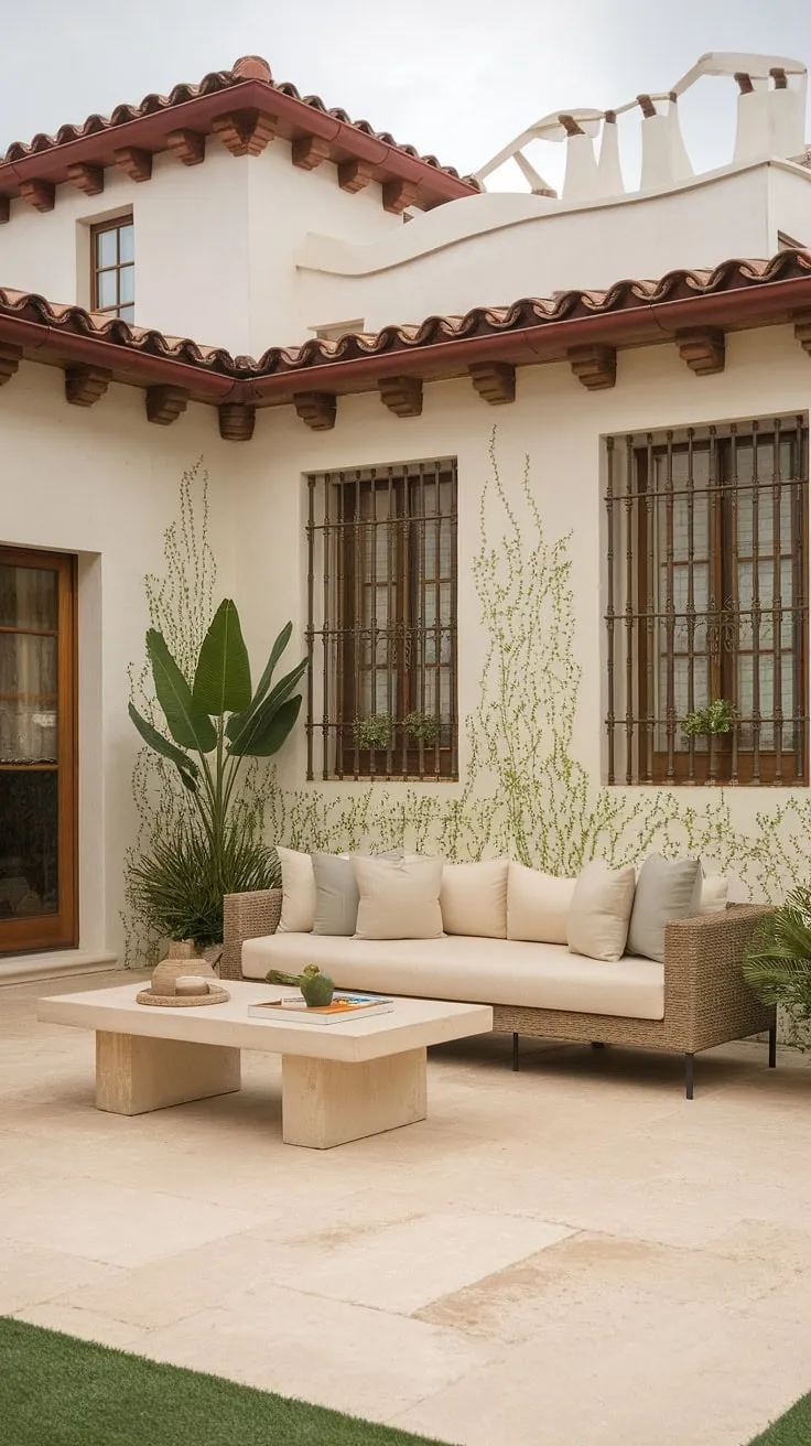 A minimalist Spanish colonial home boasts a sun-drenched patio living room, showcasing whitewashed walls, terracotta tiles, and traditional window treatments.