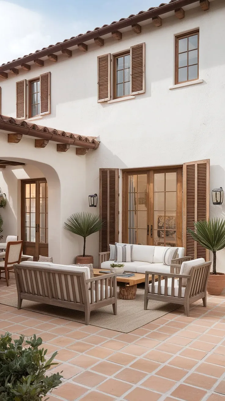 A sun-drenched Spanish Mediterranean home, boasting whitewashed walls, red tile roofing, and rustic wooden interiors, offers a tranquil patio retreat.