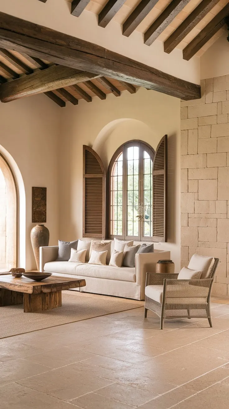 Warm light bathes a minimalist Spanish living room, its high ceiling and large window showcasing a serene Mediterranean style