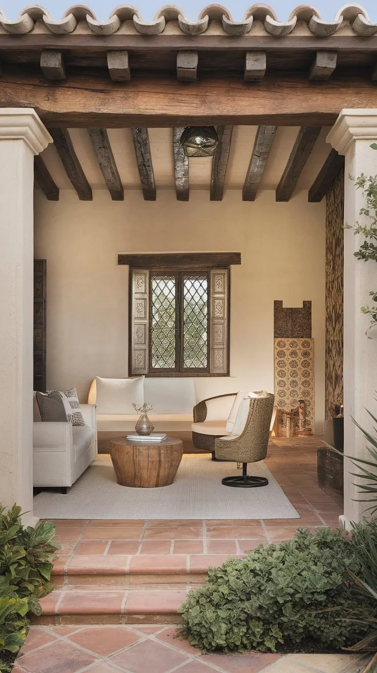 A minimalist Spanish Mediterranean living room boasts terracotta tiles, wooden beams, and a patio overflowing with plants, showcasing Spanish colonial design.