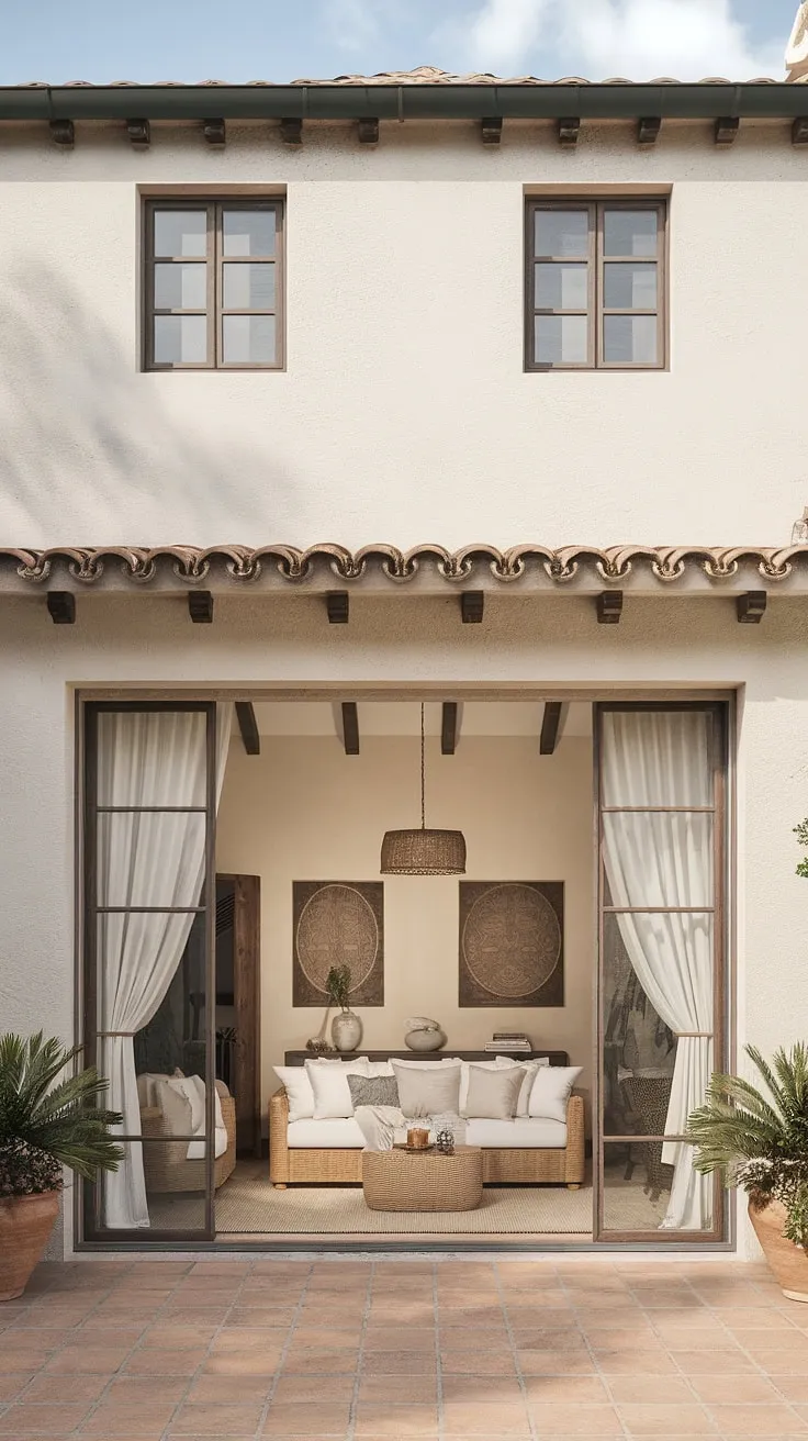 Elegant Spanish colonial architecture blends minimalist decor and terracotta floors for a serene Mediterranean home