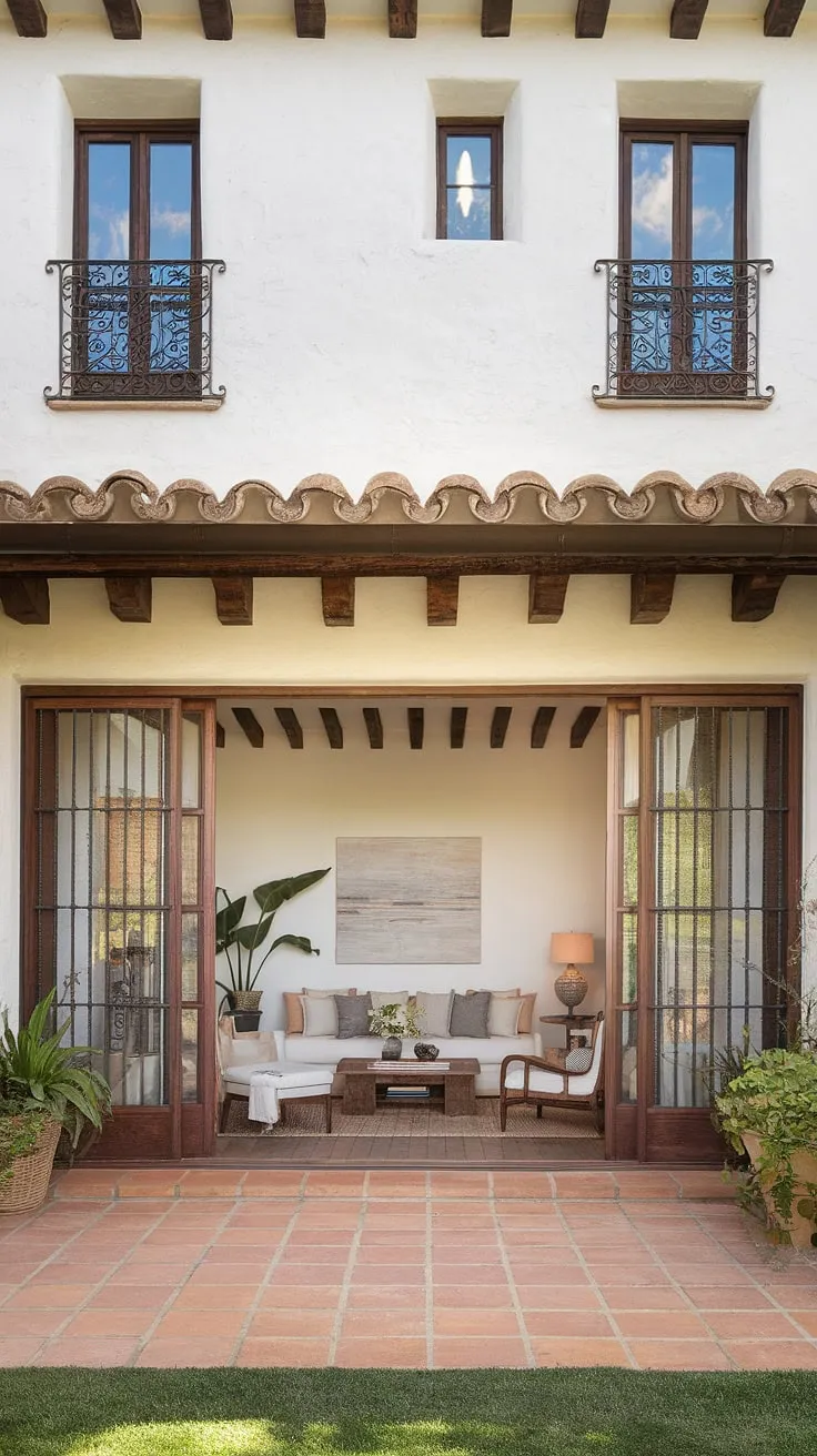 This Spanish Mediterranean home's minimalist interior, featuring a terracotta floor, white walls, dark beams, and arched windows with wrought iron bars, creates a charming living space that flows effortlessly to a patio.
