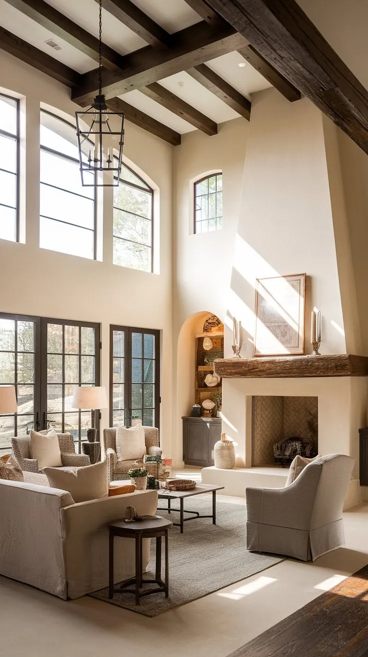 High ceilings and large windows bathe a plush Spanish ranch living room in warm light, creating an inviting hacienda atmosphere