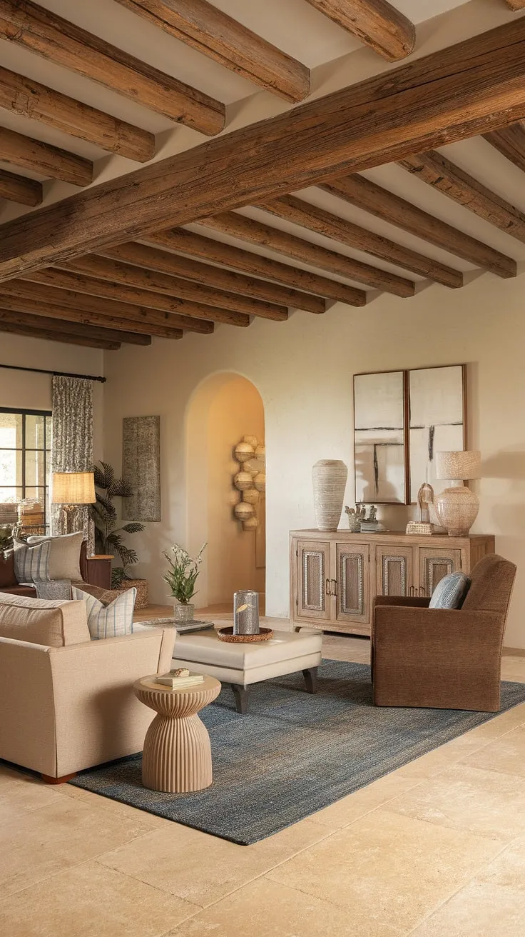A beige and brown hacienda-style living room in a Spanish ranch home offers a welcoming atmosphere.
