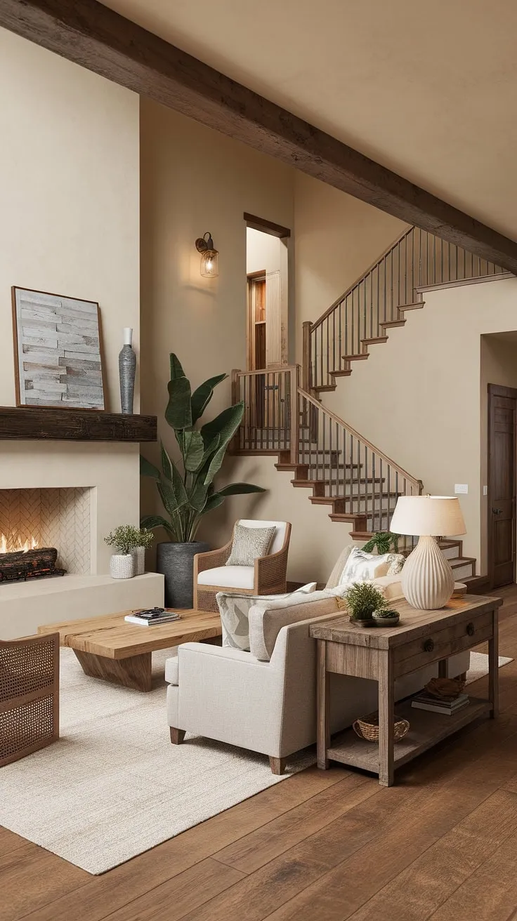 Warm lighting highlights a Spanish ranch home's hacienda-style living room, featuring a wooden staircase and fireplace