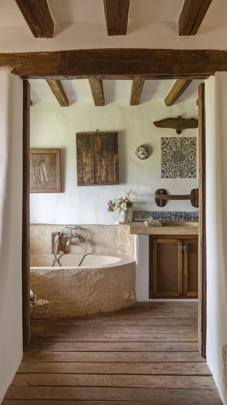 A modern Spanish hacienda bathroom blends traditional hand-painted tiles and artwork with a stone tub and wooden vanity on a worn wood floor