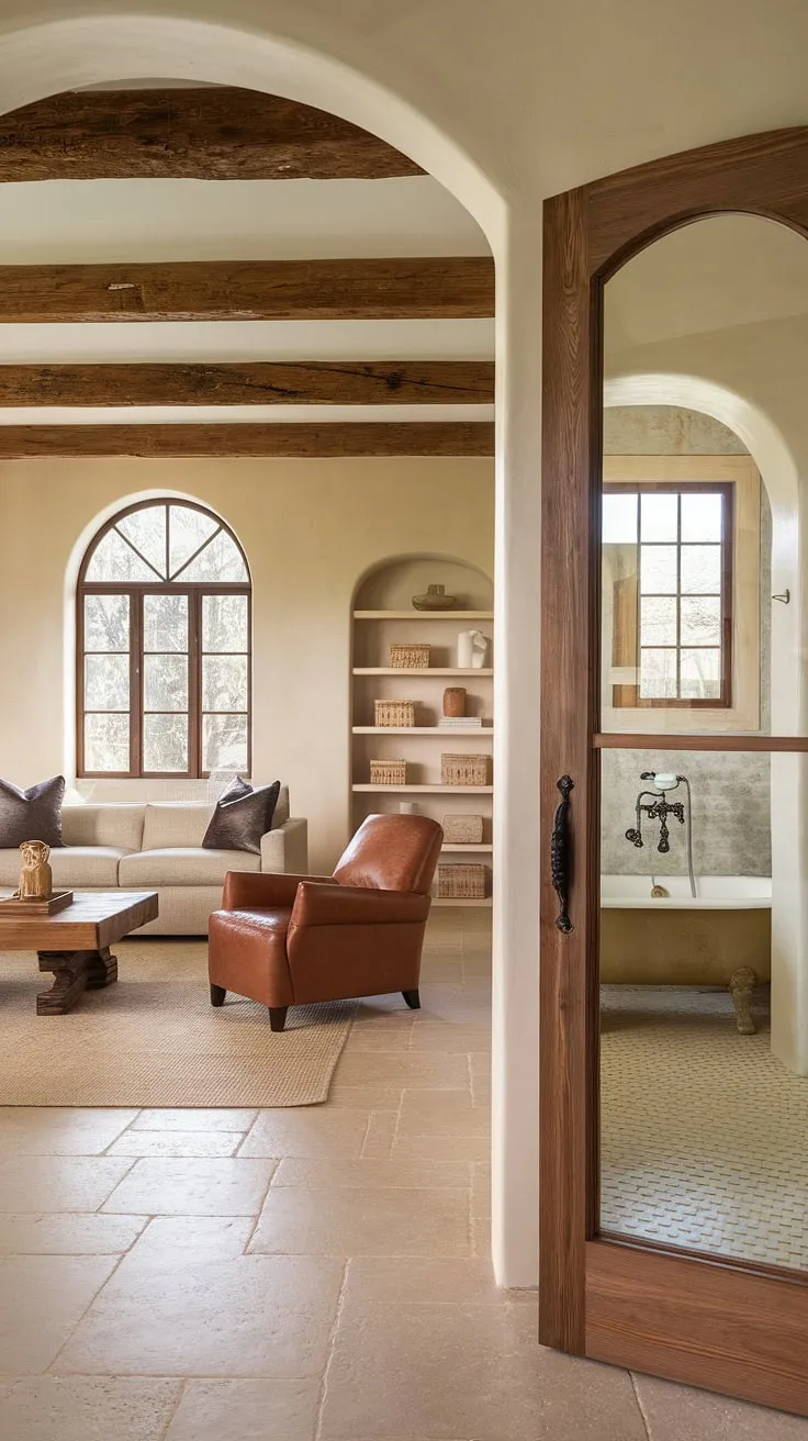 Elegant Spanish ranch home design features a blend of modern and hacienda styles, showcasing a spacious living area and a visible bathroom with beige tones.