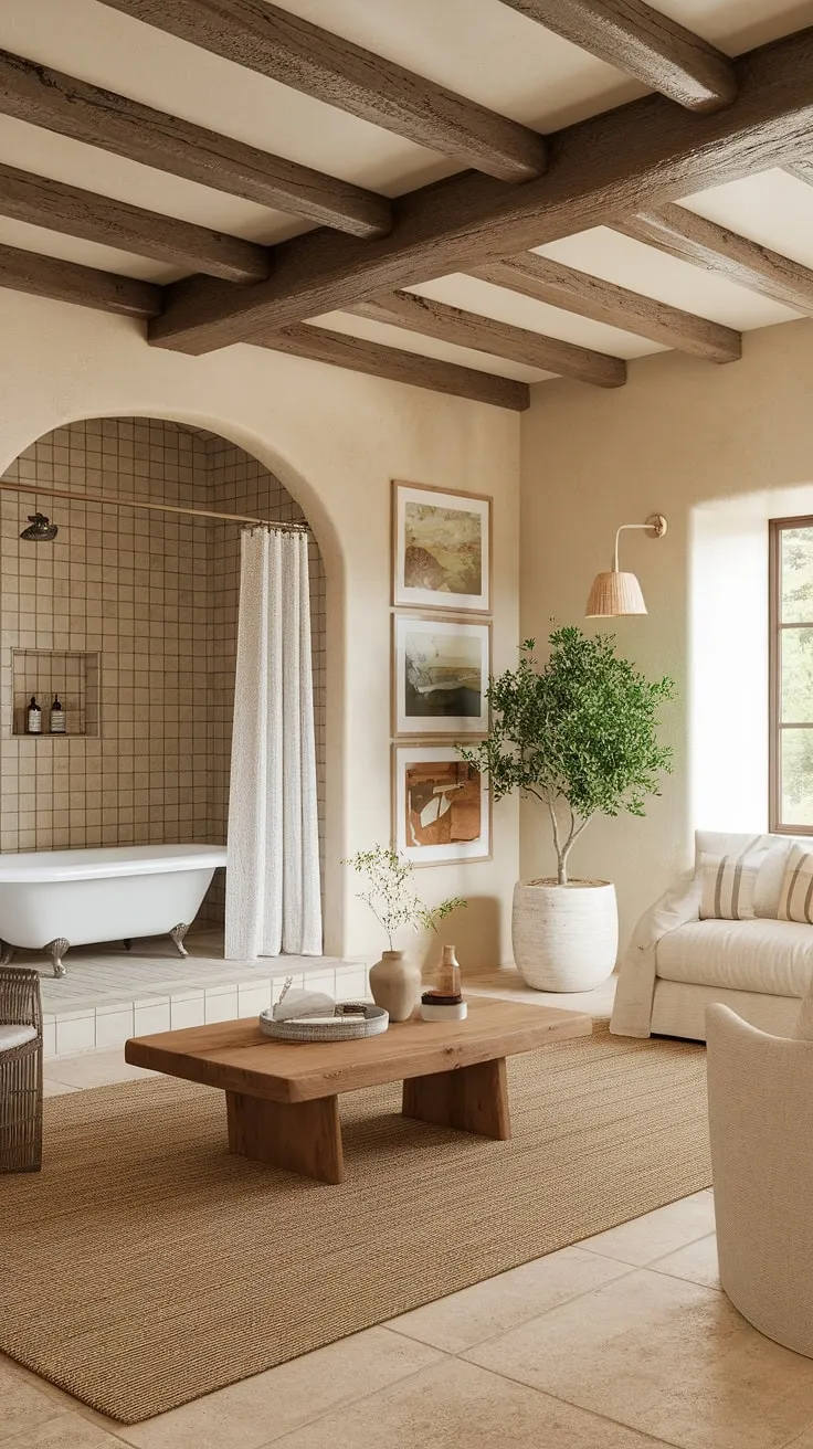 A modern Spanish ranch home boasts a rustic-chic interior with hacienda-style details, blending beige tones, wooden accents, and simple elegance.