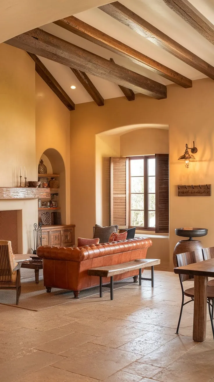 Warm beige walls, exposed beams, and rustic décor create a welcoming hacienda-style living room in this modern Spanish ranch home.