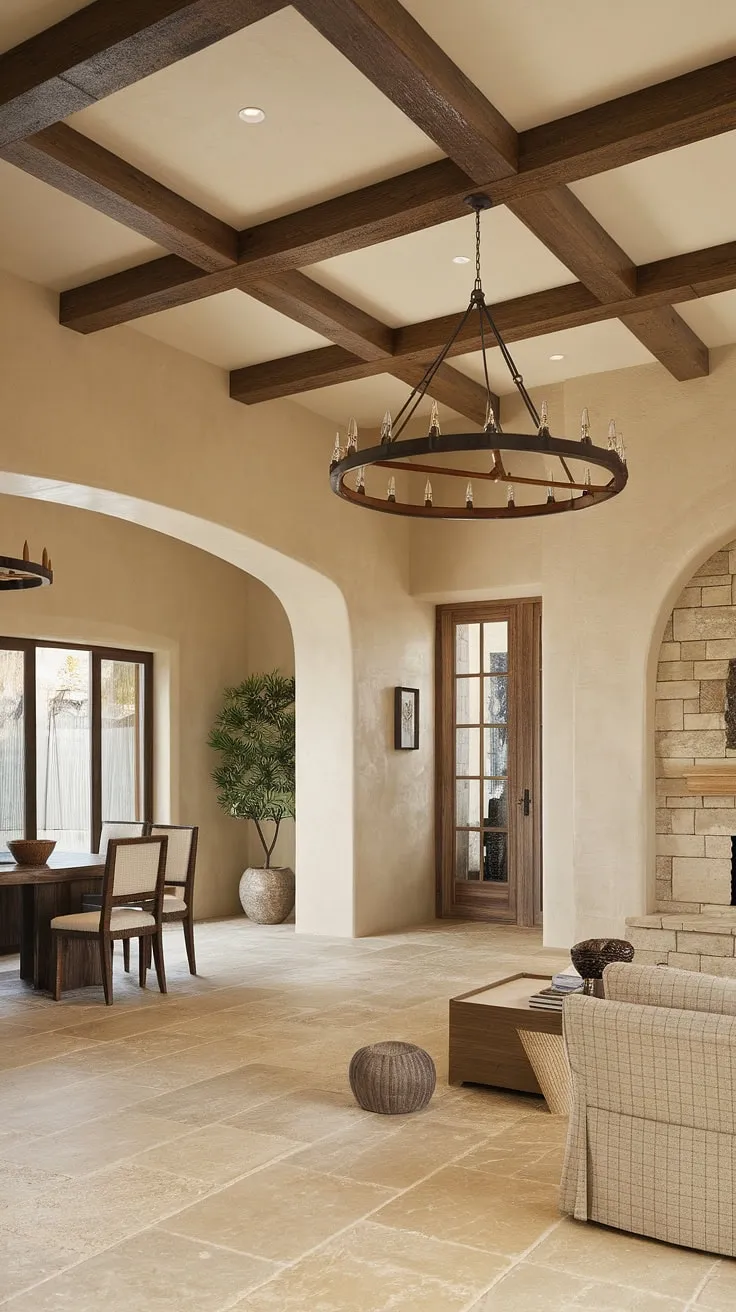 Elegant Spanish hacienda design features high ceilings, exposed beams, and beige tile floors, creating a warm and inviting atmosphere
