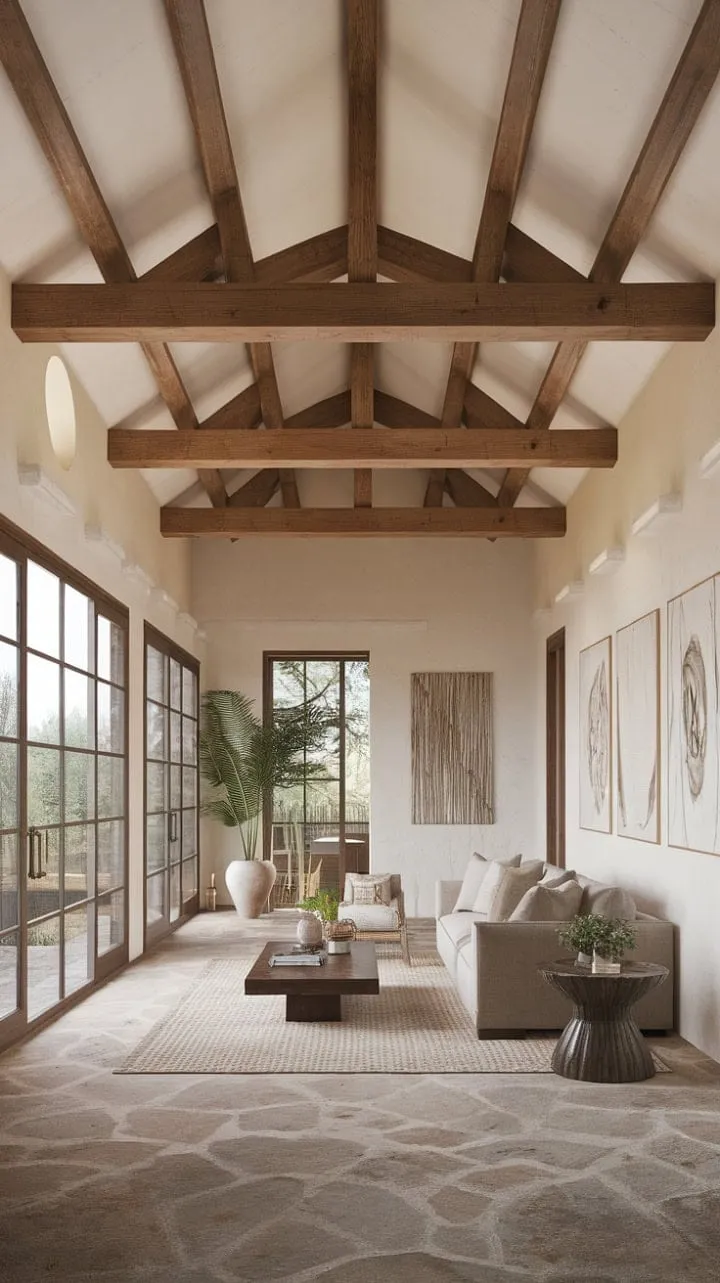 Sunlight bathes the rustic elegance of this modern Spanish ranch home, where high ceilings and curated art create a serene and inviting atmosphere.