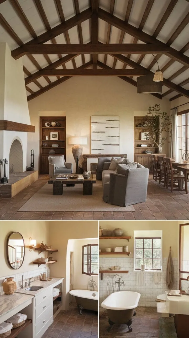Bathed in sunlight, this modern Spanish ranch harmoniously combines rustic charm with contemporary comfort, featuring terracotta floors, a cozy fireplace, and an inviting open-plan layout perfect for entertaining.