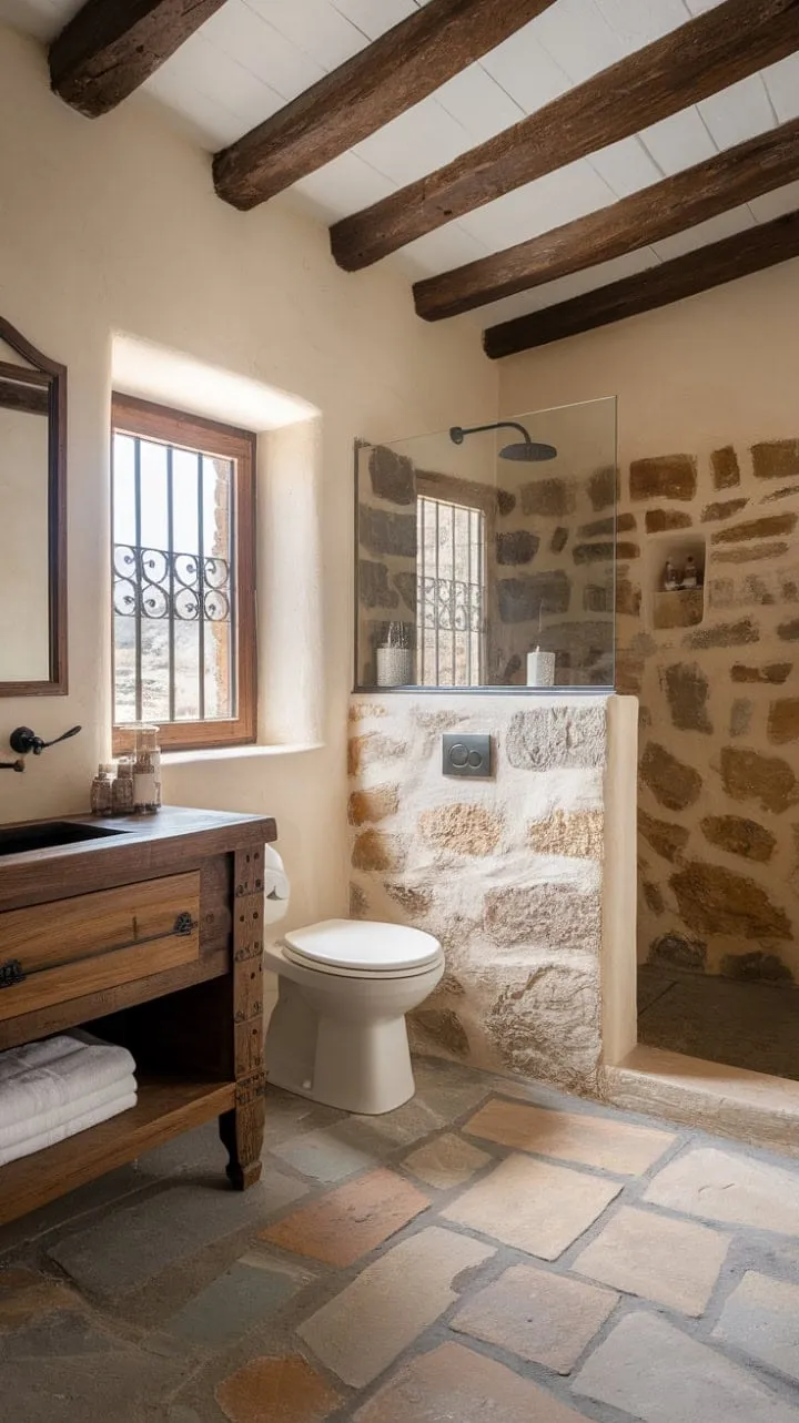 Awakening in a serene Spanish ranch-style bathroom, where rustic elegance meets modern convenience, promises a blissful start to any day.
