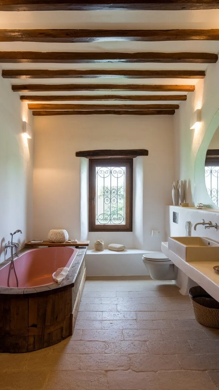 Experience serenity in a rustic yet modern hacienda bathroom, where warm lighting and a charming pink bathtub create a peaceful retreat.