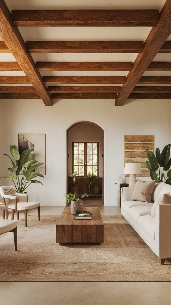 This hacienda-style living room harmoniously fuses rustic charm and modern elegance, creating a serene oasis of understated luxury.