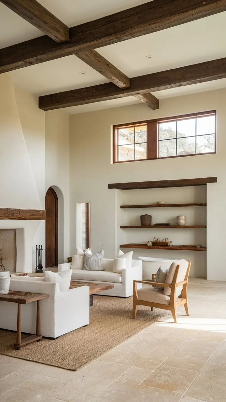 Sunlight bathes the modern Spanish ranch home in warmth, where rustic charm and contemporary elegance harmoniously coexist.