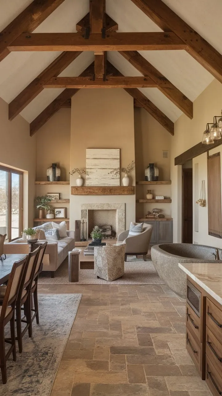 Discover the enchanting blend of modern elegance and rustic charm in this Spanish ranch, where every detail—from the cozy fireplace to the stone tub—invites you into a sanctuary of understated luxury.