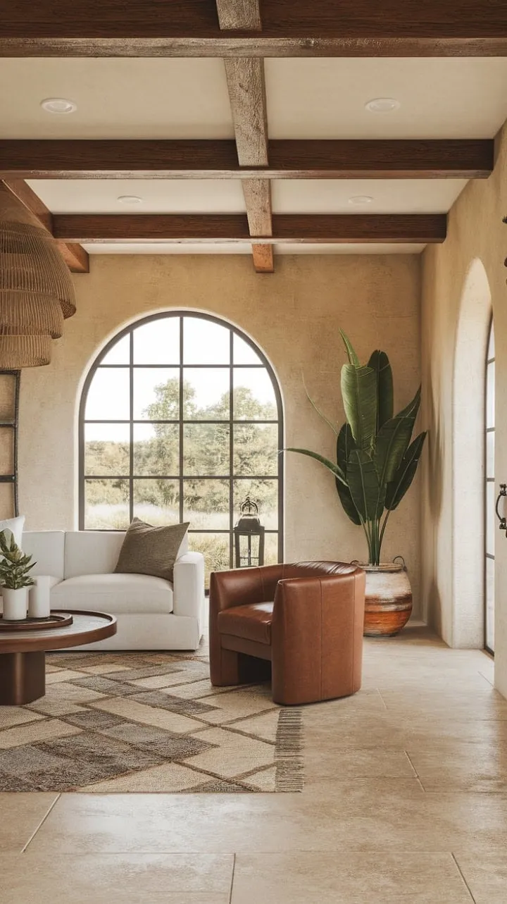 Sunlight dances through the arched window, highlighting the harmonious blend of rustic beams and sleek white furniture in this effortlessly stylish modern hacienda living room.