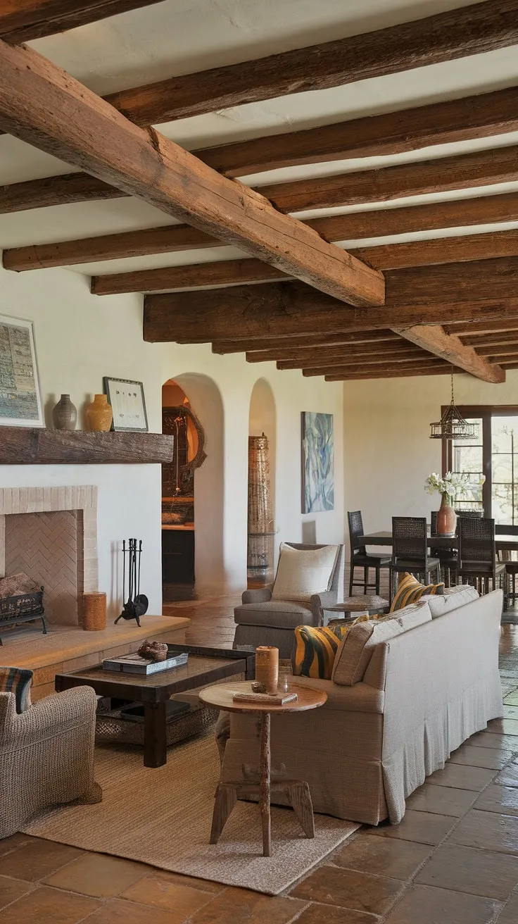 A tiled-floor living room with a warm fireplace and artistic touches opens to a welcoming dining space in this Spanish ranch home.