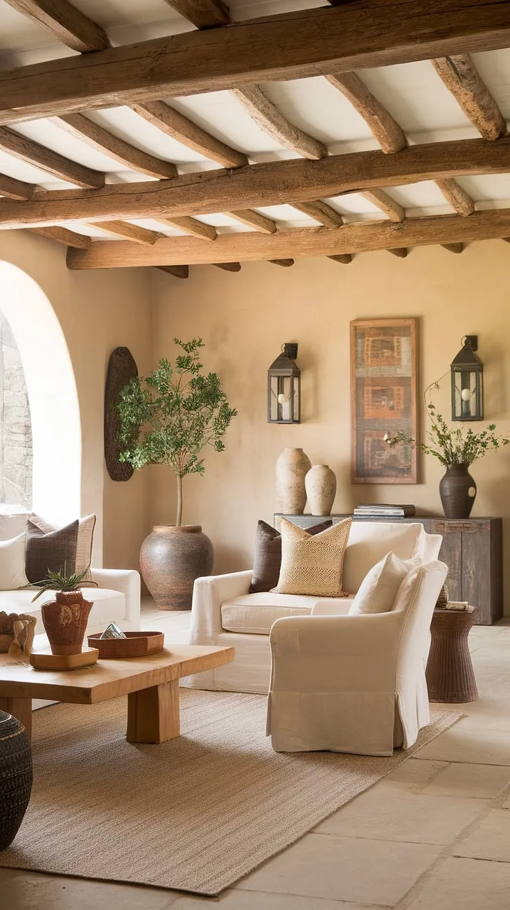 Warm earthy tones and modern hacienda style blend beautifully in this Spanish ranch home's inviting living room.