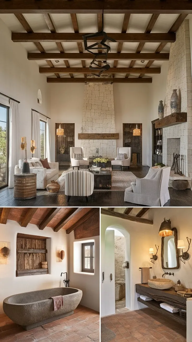 A modern hacienda interior blends high ceilings, exposed beams, and traditional Spanish elements for a comfortable and elegant living space.