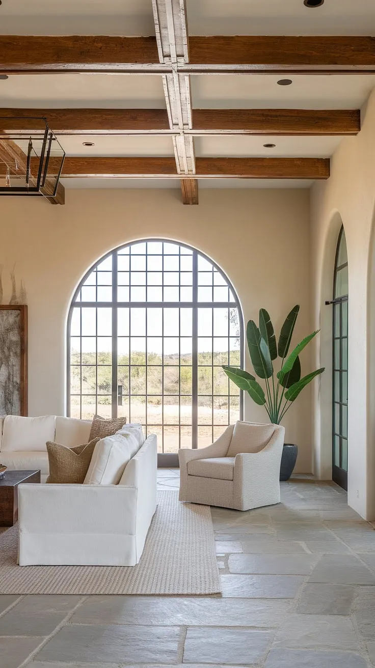 A modern hacienda interior showcases a tranquil living space with natural light and earthy tones.