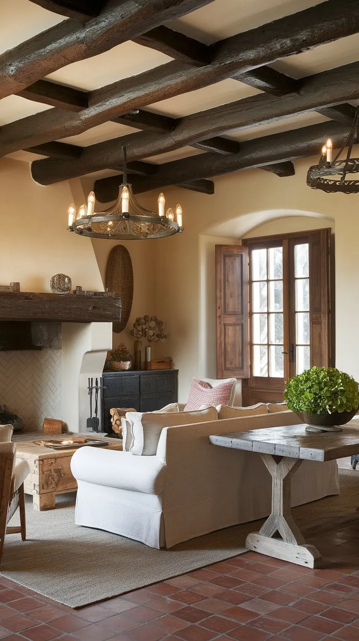 Warm beige walls, dark wood beams, and a red-tiled floor create a comfortable hacienda-style living room in this Spanish ranch home.