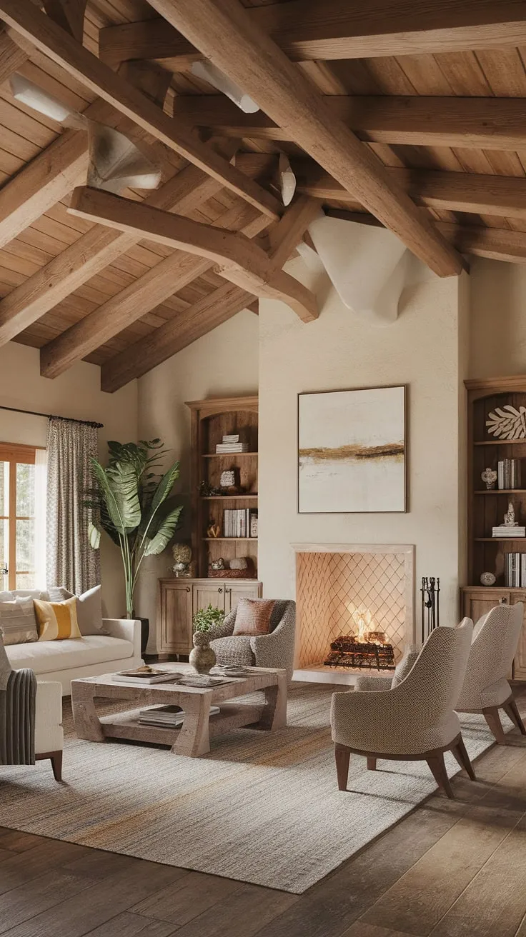 Warm tones and natural materials create a charming Spanish hacienda living room atmosphere