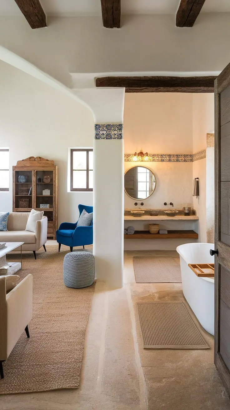 A Spanish-style home showcases a stylish contrast between a light, airy living area and a naturally textured stone bathroom.