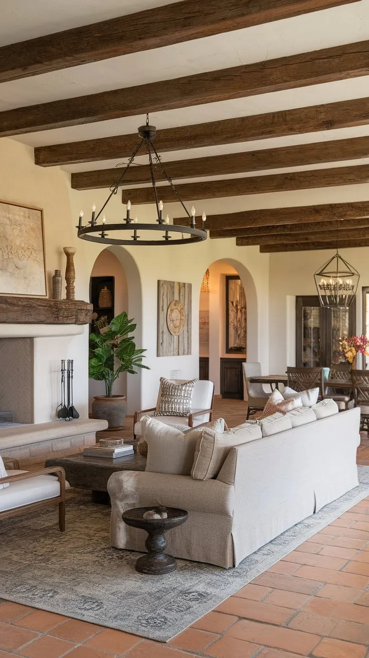 Elegant Spanish ranch home design features a hacienda-style living room with a plush sofa, wrought iron chandelier, and terracotta floors