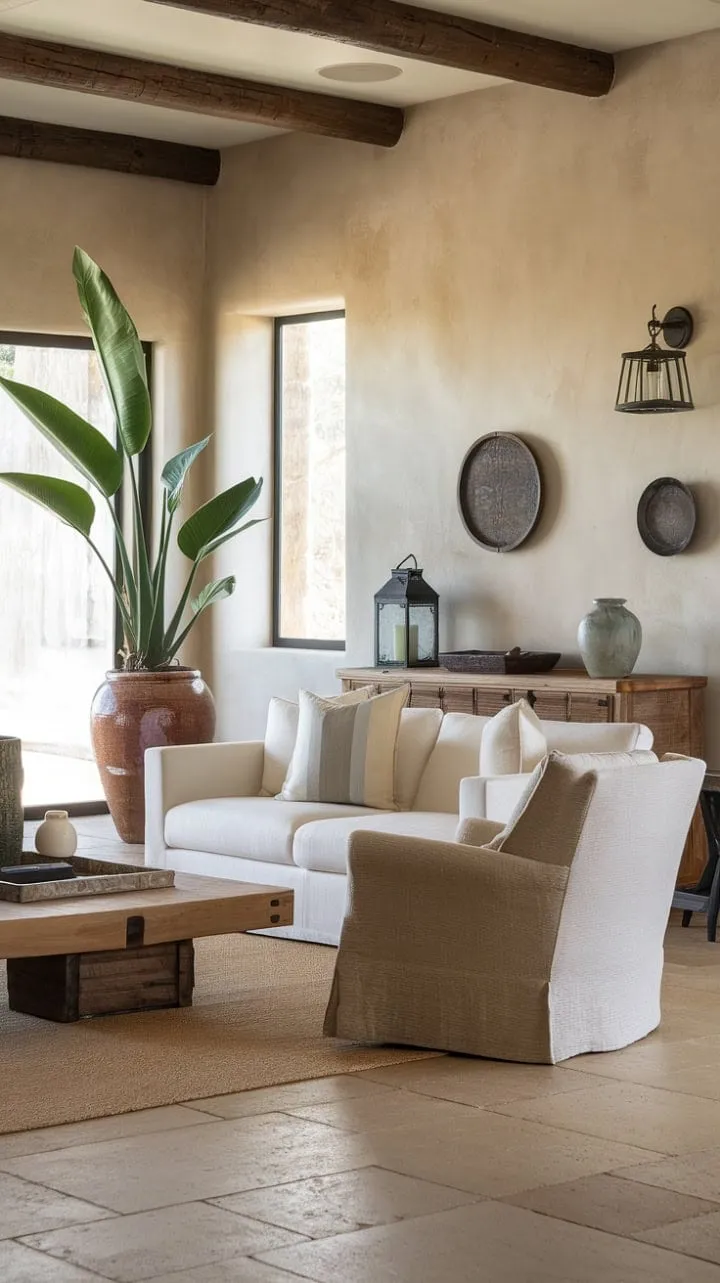 This hacienda-inspired living room masterfully combines modern comfort and traditional Spanish charm, creating a serene and sophisticated retreat.