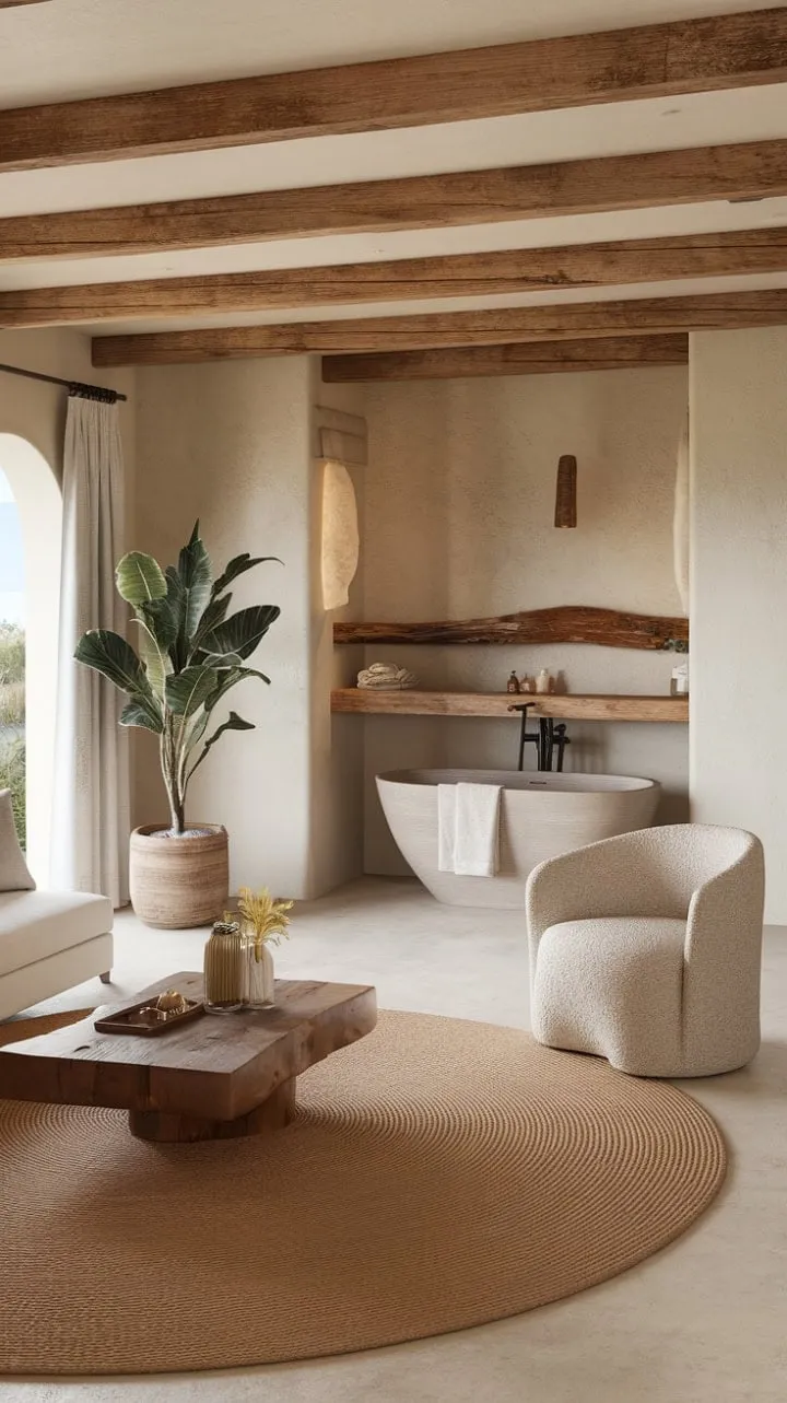 This exquisite home blends modern architectural elegance with traditional hacienda warmth, creating a serene Mediterranean retreat highlighted by a stylish living room and a uniquely designed rustic bathroom.