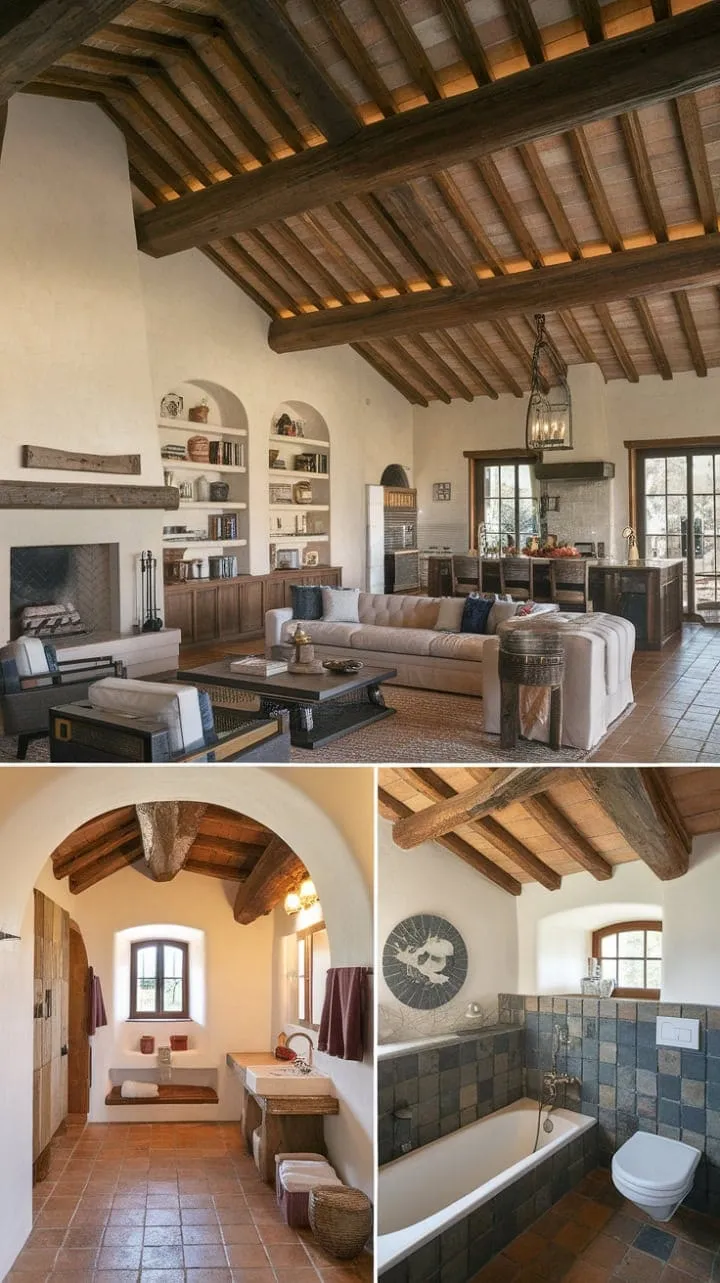 This Spanish ranch home beautifully combines rustic elegance with contemporary comfort, featuring high ceilings and cozy terracotta tiles for an inviting yet grand ambiance.