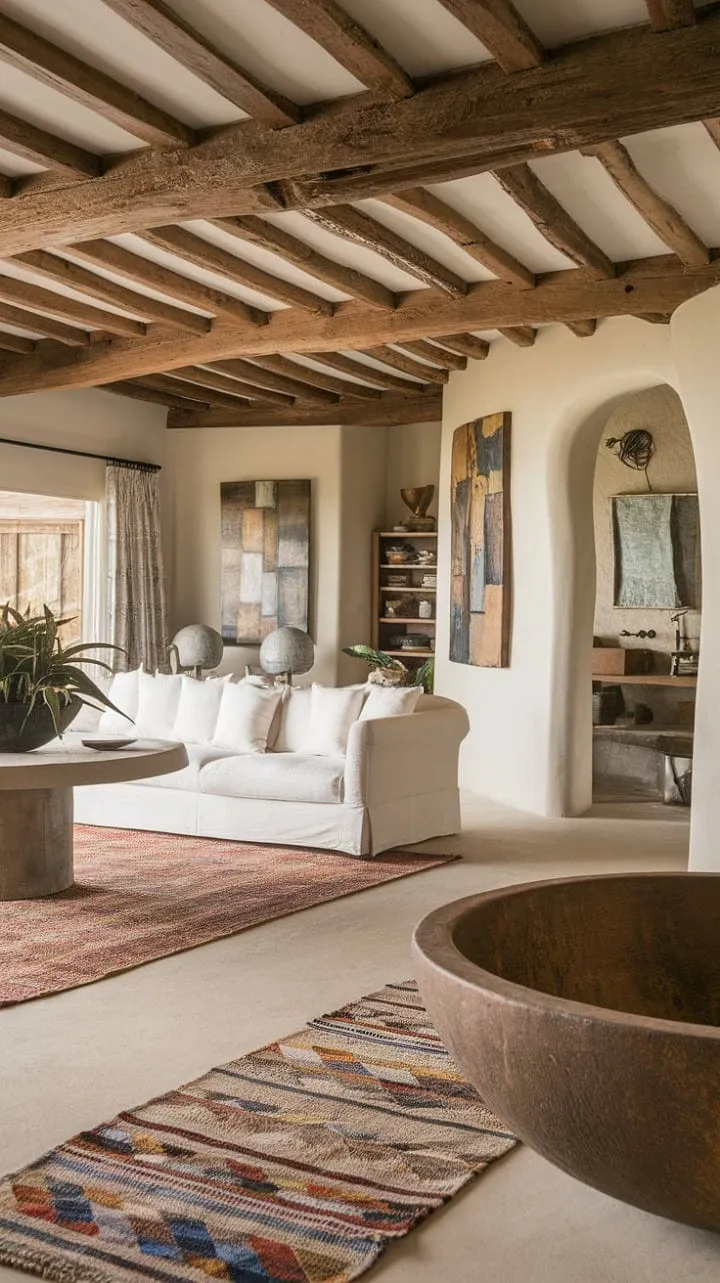 Bathed in sunlight, this modern Spanish ranch harmoniously blends rustic charm with contemporary elegance, featuring hacienda-style interiors and luxurious details like a unique round bathtub.