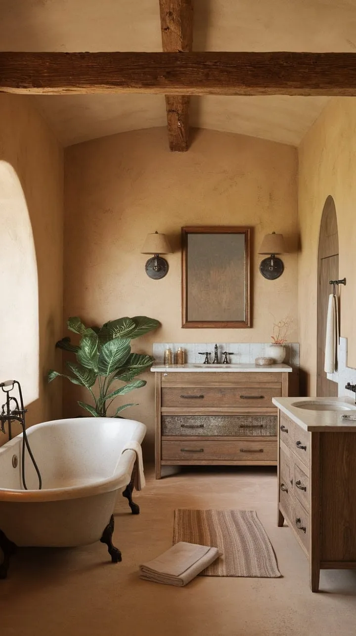 This sunlit Spanish ranch bathroom, with its rustic charm and deep soaking tub, offers a serene escape into aged elegance.
