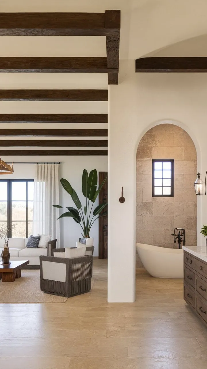 This modern Spanish ranch home masterfully fuses rustic charm and contemporary elegance, creating a serene Mediterranean oasis.