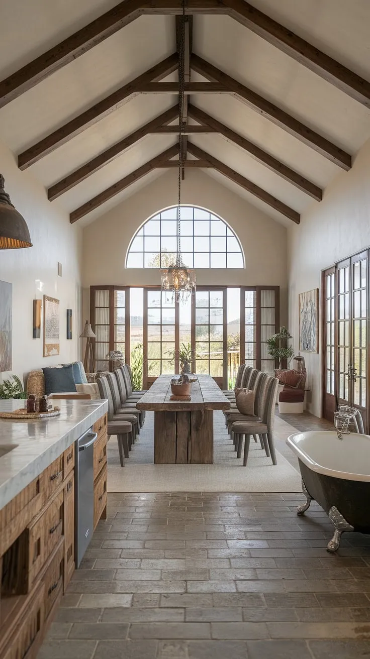 A modern Spanish ranch home features a blend of traditional hacienda design and contemporary kitchen and bathroom fixtures.