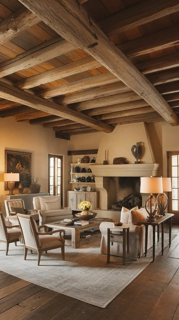 Warm lighting enhances the Spanish hacienda's inviting living room, complete with a stone fireplace and comfortable furnishings