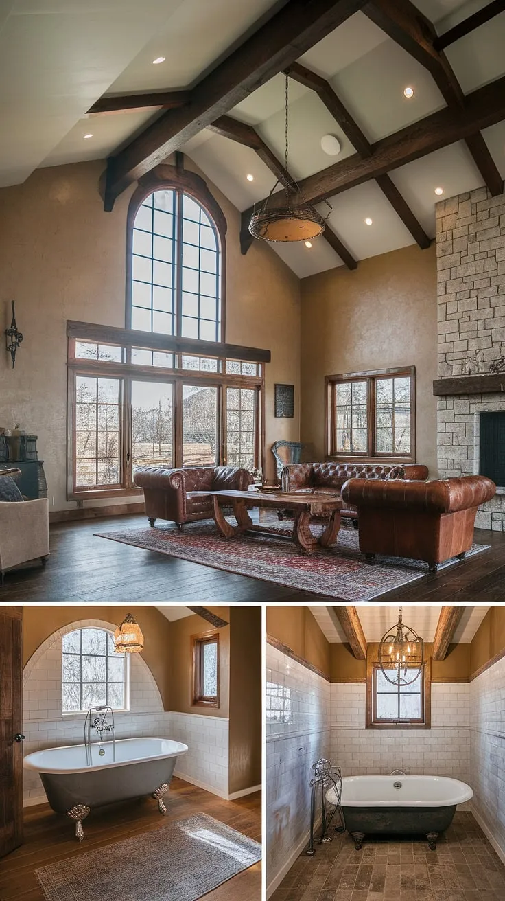 A modern Spanish ranch home boasts a rustic bathroom and a high-ceilinged living room with a stone fireplace, wooden beams, and rich textures.