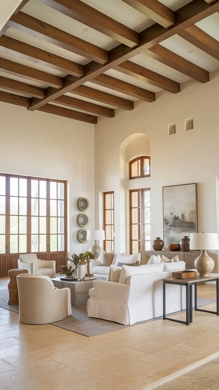 Elegant Spanish hacienda-style living room design features high ceilings and warm, natural light